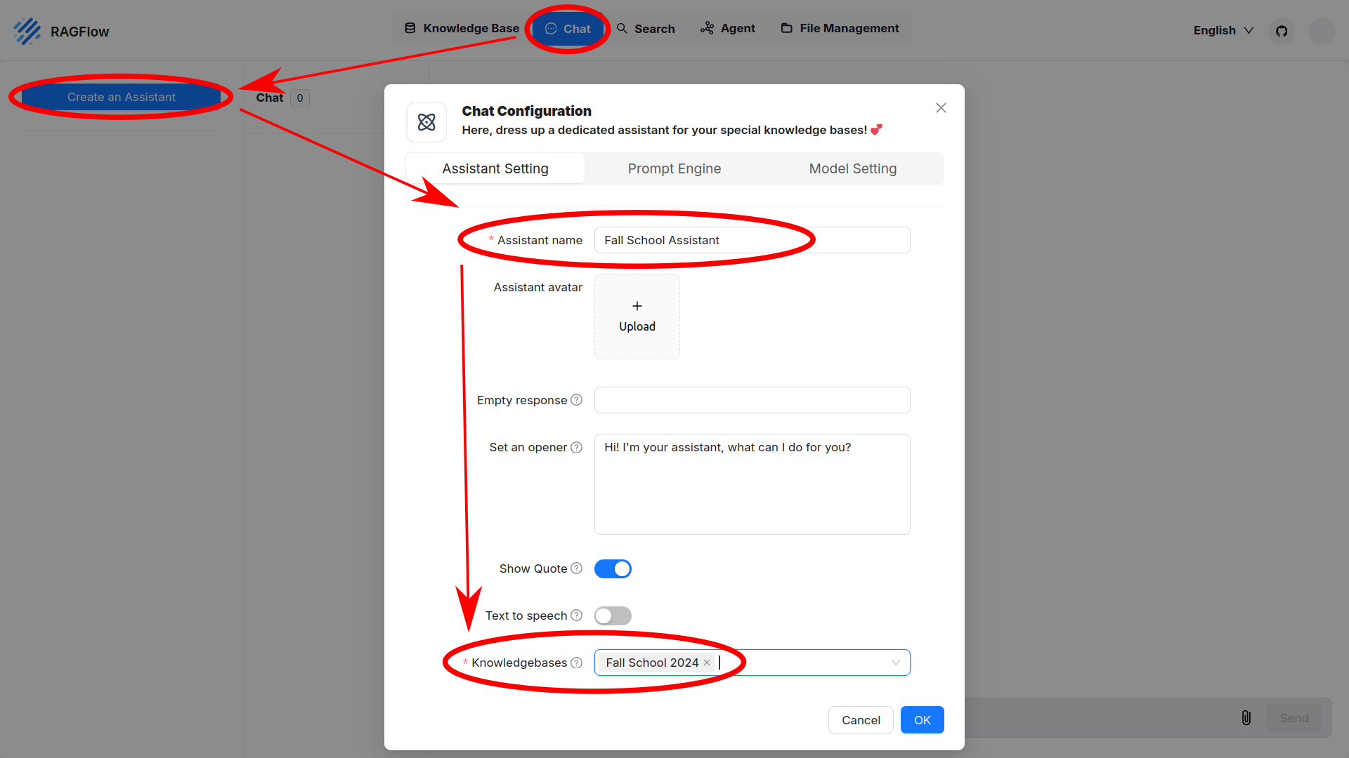 RAGFlow create assistant